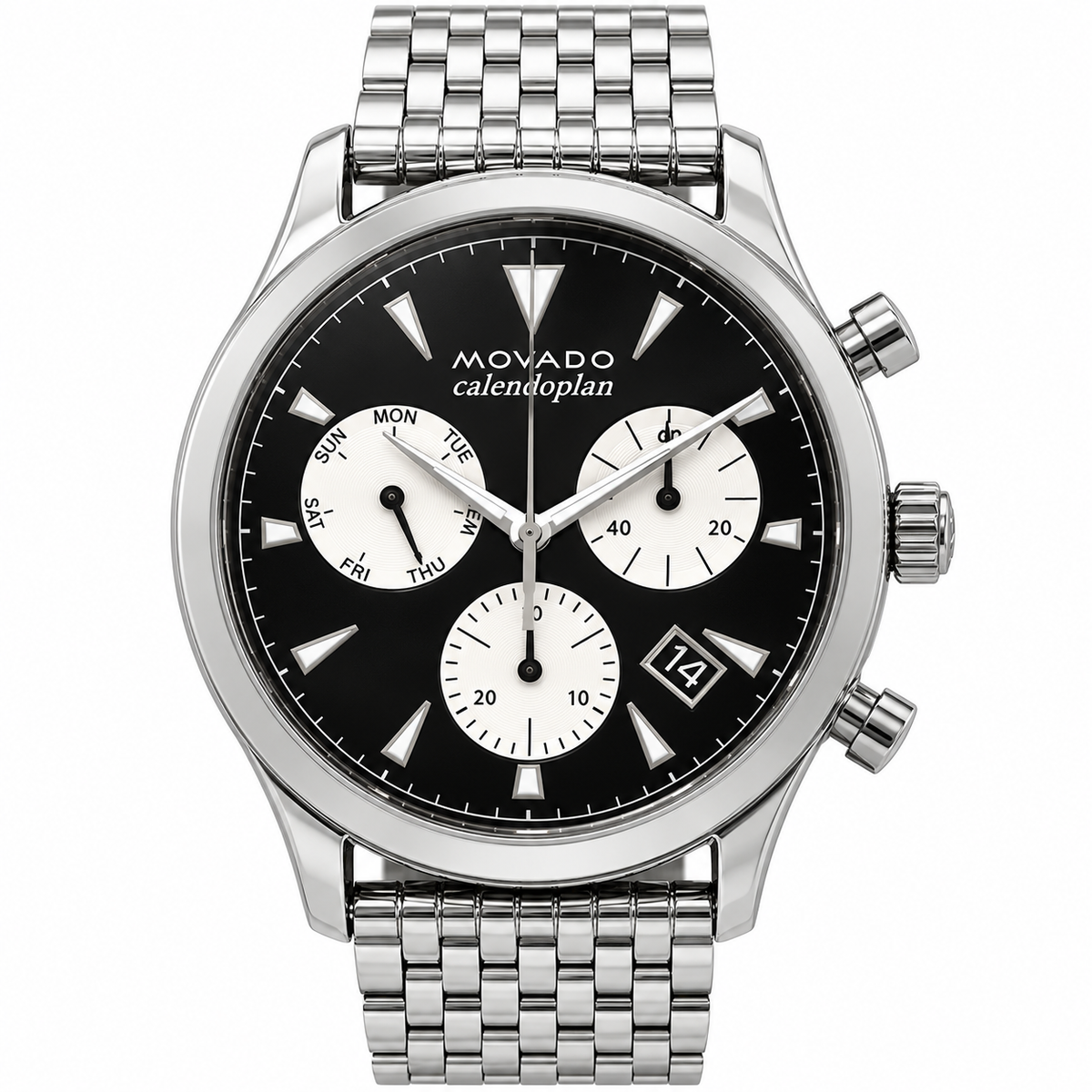 Movado Heritage Calendoplan Chronograph 43mm Black Dial Men's Watch 3650014 — dial detail