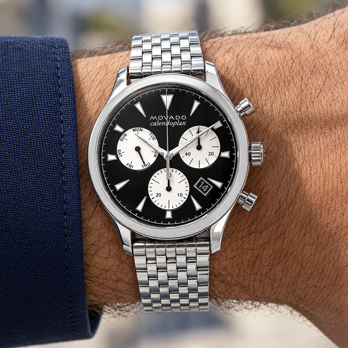 Movado Heritage Calendoplan Chronograph 43mm Black Dial Men's Watch 3650014 — wrist alternate
