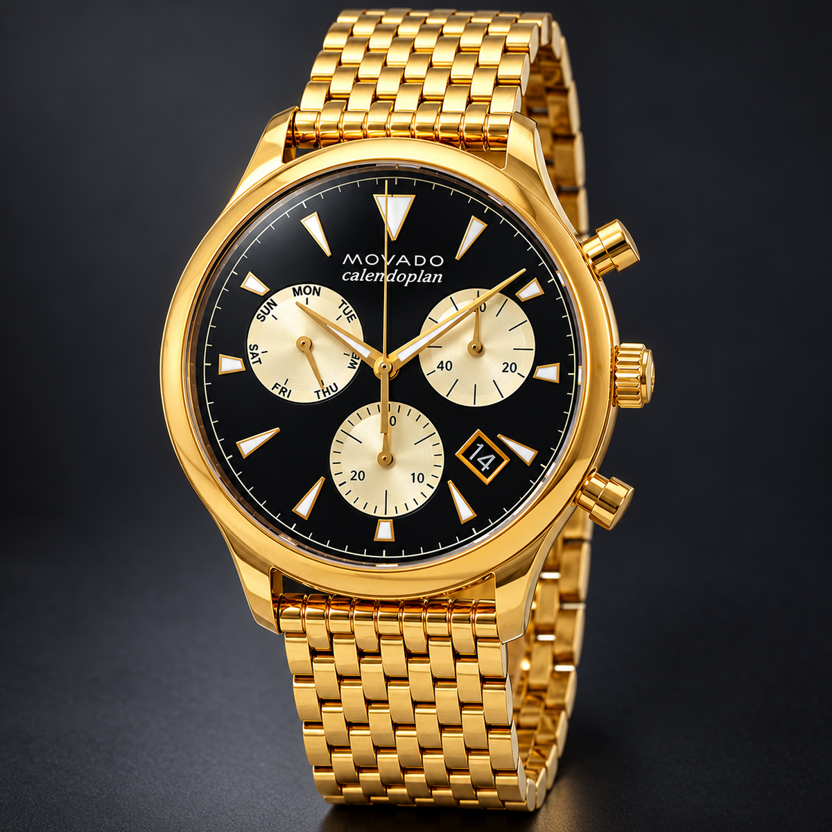 Movado Heritage Calendoplan Chronograph 43mm Black Dial Men's Watch 3650015 — three quarter