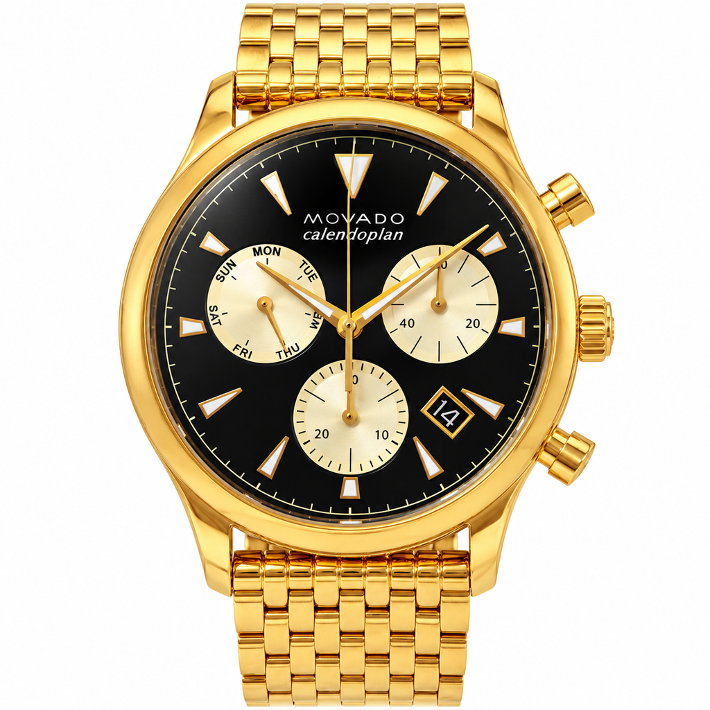 Movado Heritage Calendoplan Chronograph 43mm Black Dial Men's Watch 3650015 — dial detail