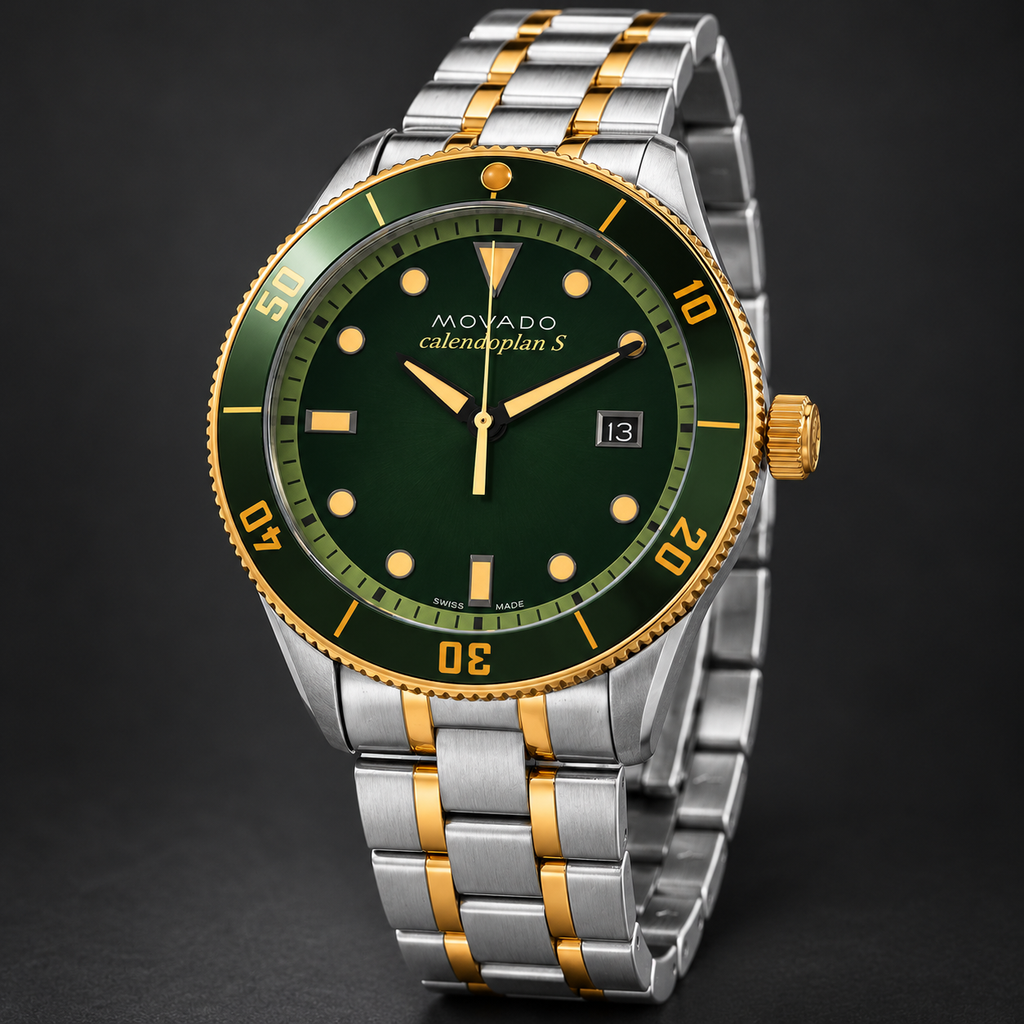 Movado Heritage Calendoplan S 43mm Green Dial Men's Watch 3650096 — three quarter