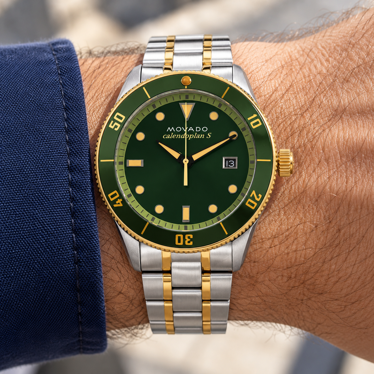 Movado Heritage Calendoplan S 43mm Green Dial Men's Watch 3650096 — wrist alternate