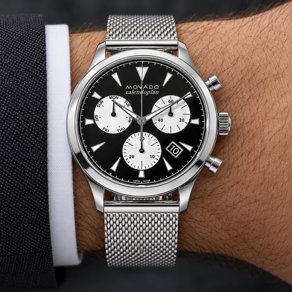 Movado Heritage Calendoplan Chronograph 43mm Black Dial Men's Watch 3650097 — wrist