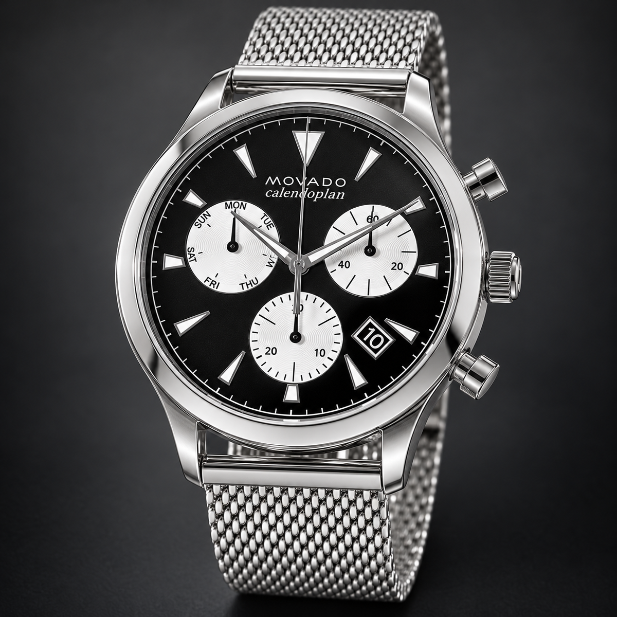 Movado Heritage Calendoplan Chronograph 43mm Black Dial Men's Watch 3650097 — three quarter
