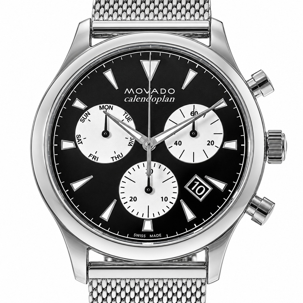 Movado Heritage Calendoplan Chronograph 43mm Black Dial Men's Watch 3650097 — dial detail