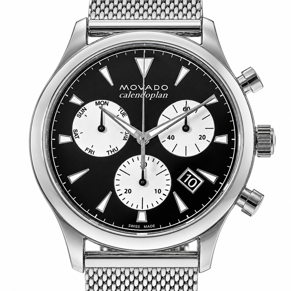 Movado Heritage Calendoplan Chronograph 43mm Black Dial Men's Watch 3650097 — dial detail