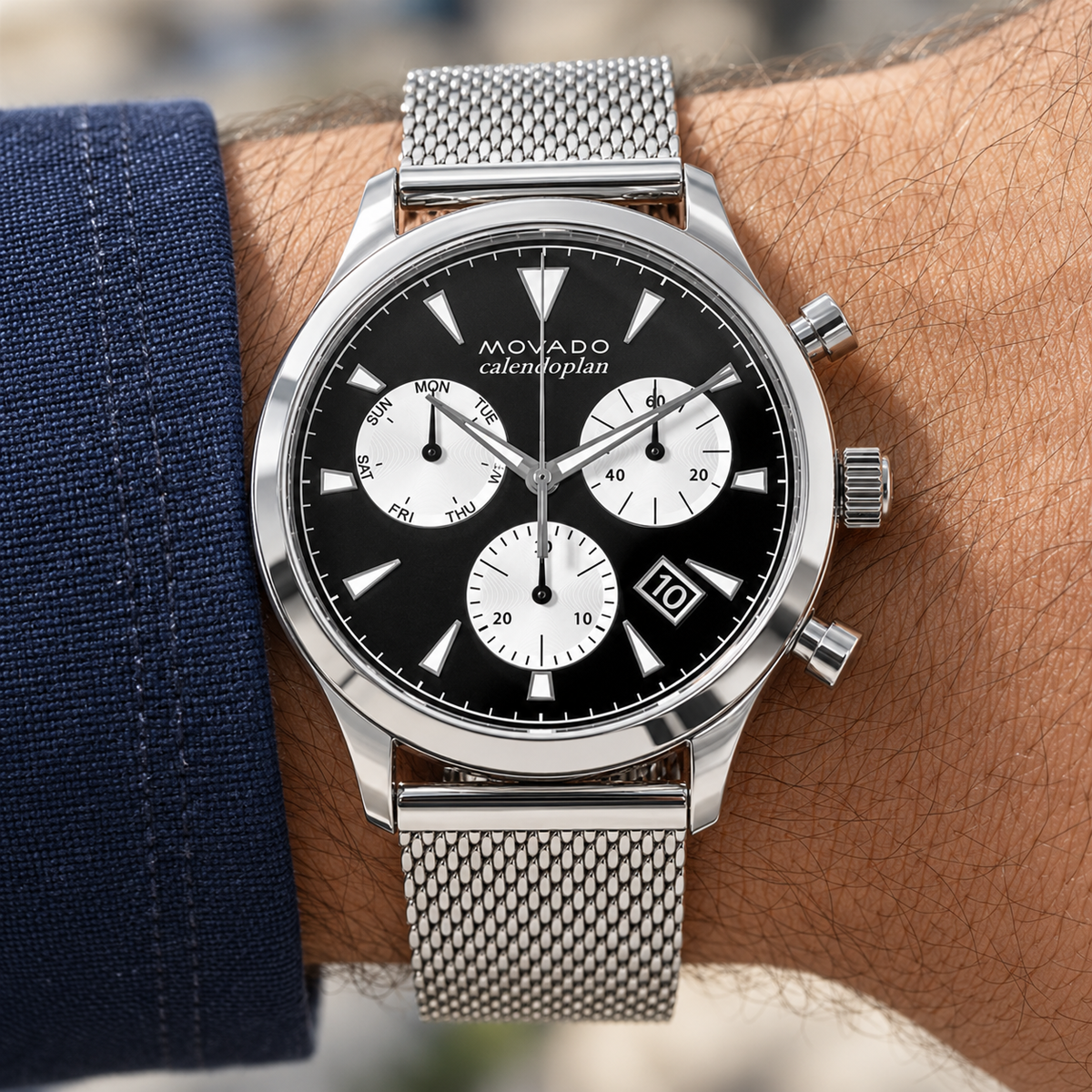 Movado Heritage Calendoplan Chronograph 43mm Black Dial Men's Watch 3650097 — wrist alternate