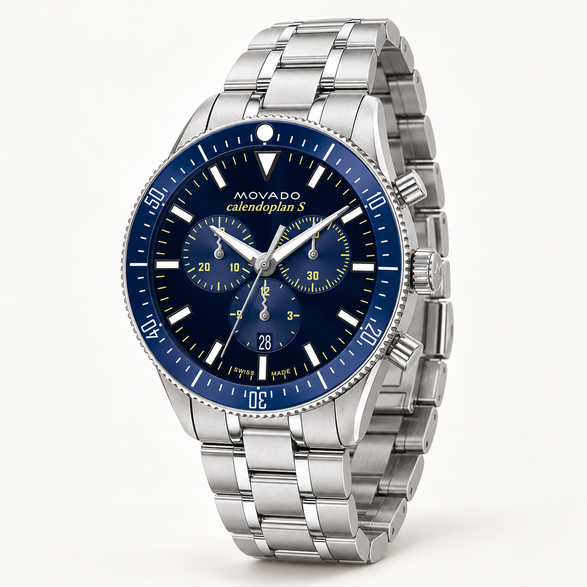Movado Heritage Calendoplan S Chronograph 42mm Blue Dial Men's Watch 3650124 — three quarter