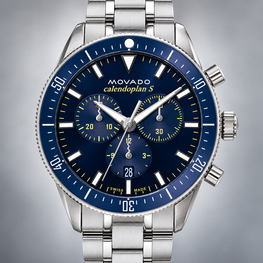 Movado Heritage Calendoplan S Chronograph 42mm Blue Dial Men's Watch 3650124 — dial detail
