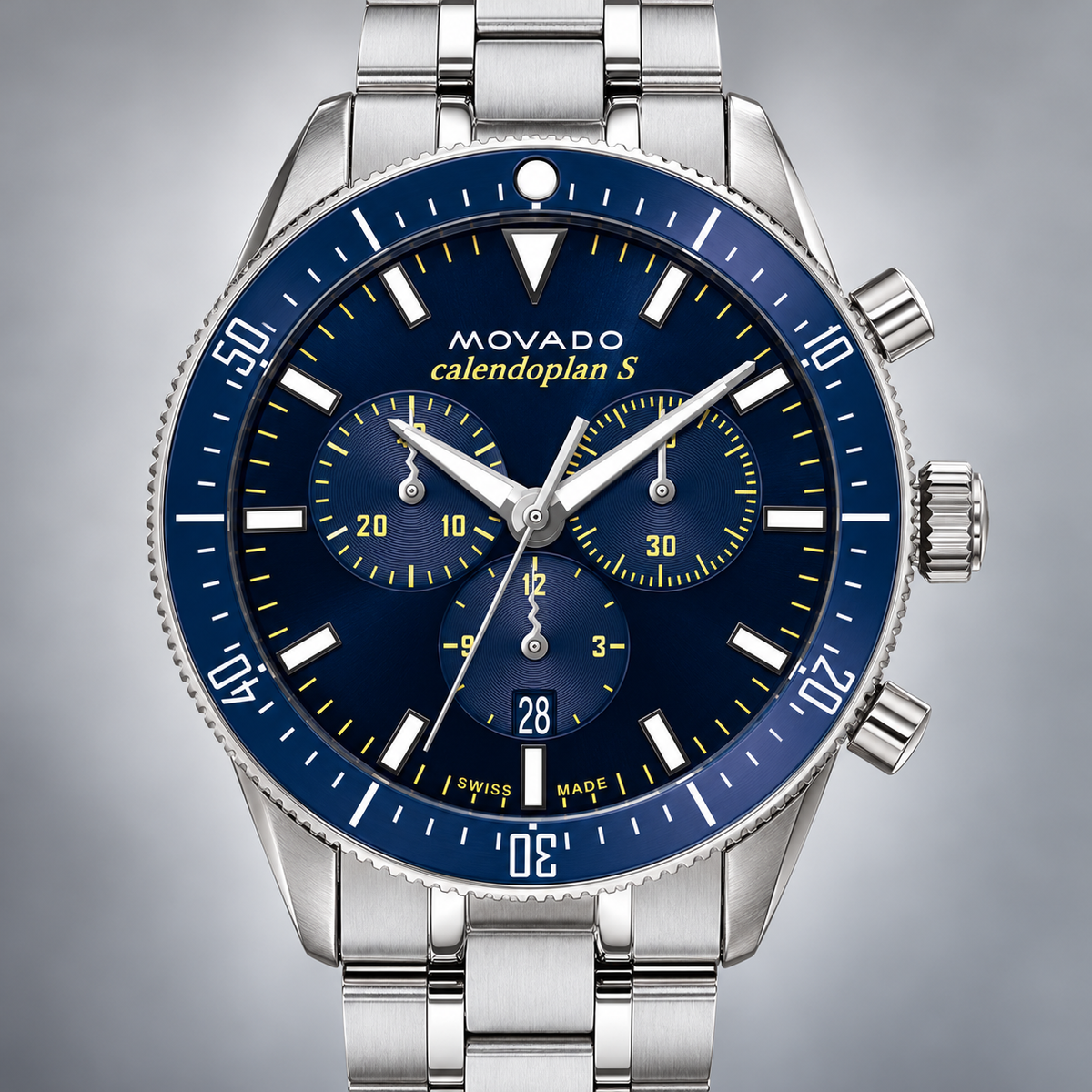 Movado Heritage Calendoplan S Chronograph 42mm Blue Dial Men's Watch 3650124 — dial detail