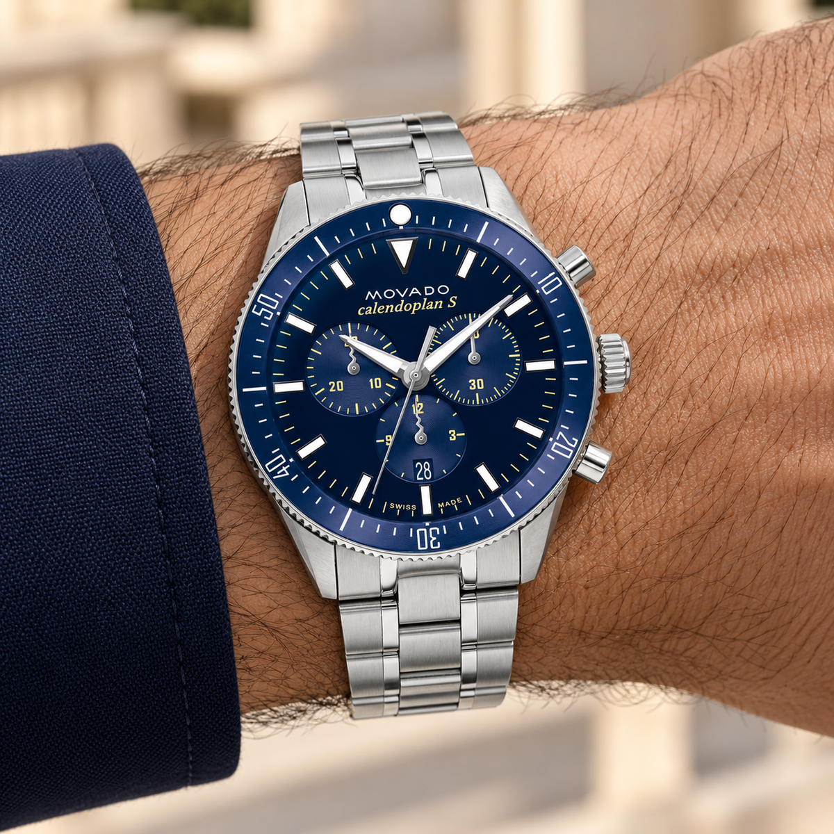 Movado Heritage Calendoplan S Chronograph 42mm Blue Dial Men's Watch 3650124 — wrist alternate