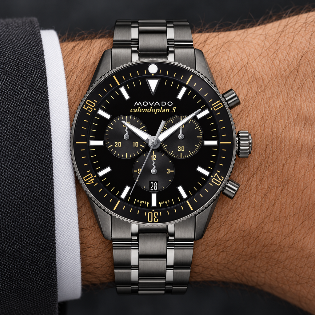Movado Heritage Calendoplan S Chronograph 42mm Black Dial Men's Watch 3650125 — wrist