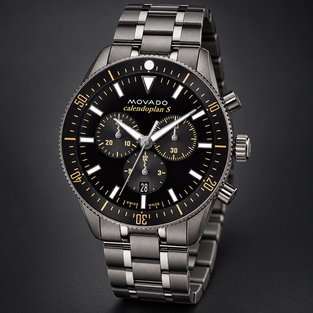 Movado Heritage Calendoplan S Chronograph 42mm Black Dial Men's Watch 3650125 — three quarter