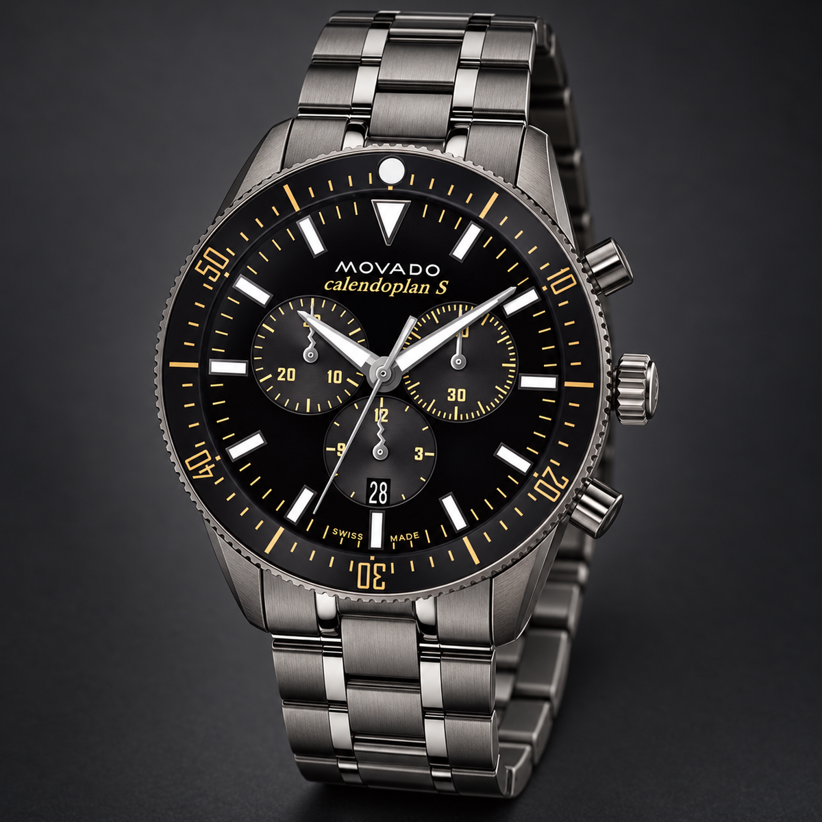 Movado Heritage Calendoplan S Chronograph 42mm Black Dial Men's Watch 3650125 — three quarter