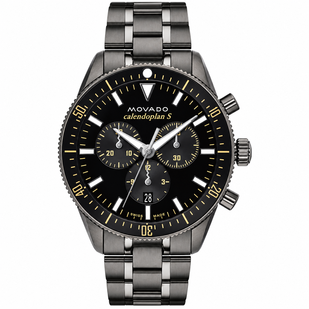 Movado Heritage Calendoplan S Chronograph 42mm Black Dial Men's Watch 3650125 — dial detail