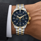 Movado Heritage Calendoplan S Chronograph 3650126 men's 42mm navy dial two-tone bracelet — wrist