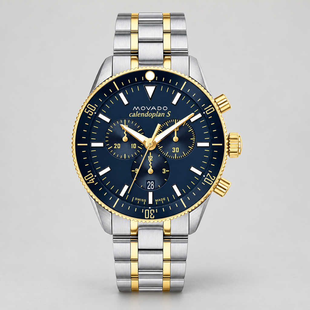 Movado Heritage Calendoplan S Chronograph 3650126 men's 42mm navy dial two-tone bracelet — front
