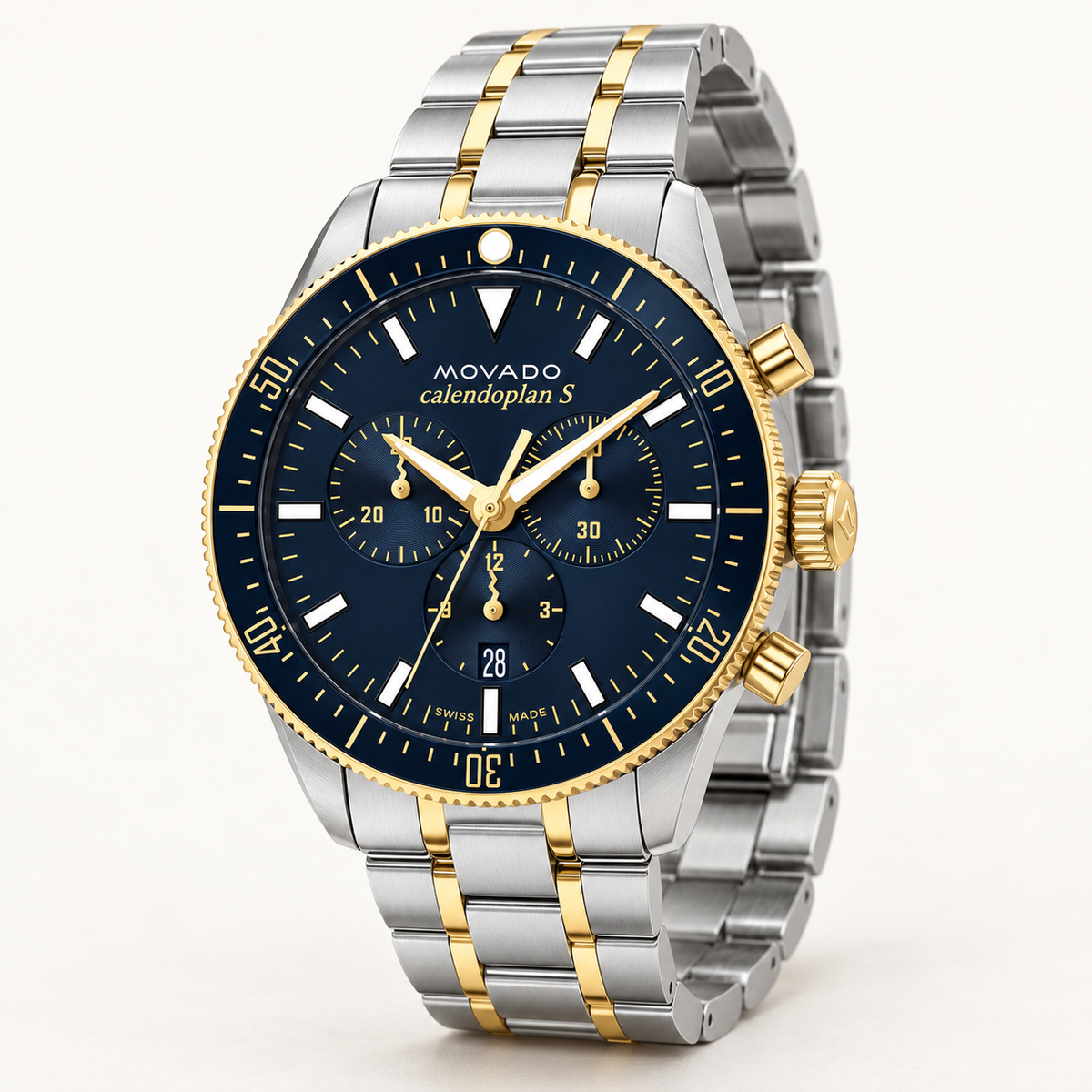 Movado Heritage Calendoplan S Chronograph 3650126 men's 42mm navy dial two-tone bracelet — three quarter