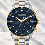 Movado Heritage Calendoplan S Chronograph 3650126 men's 42mm navy dial two-tone bracelet — dial detail