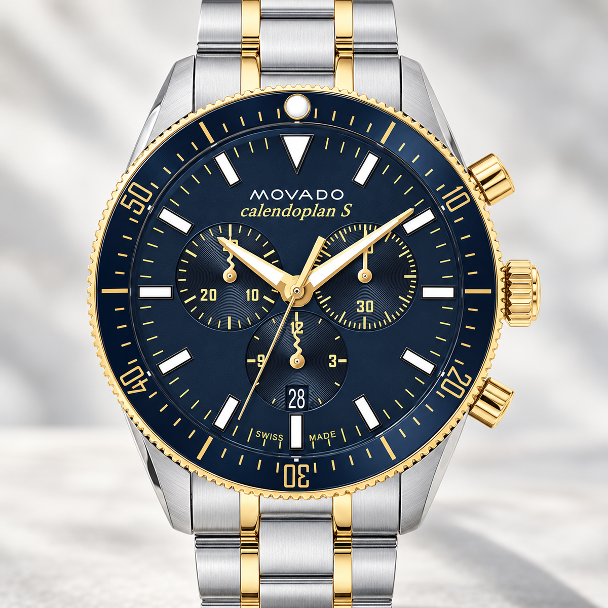 Movado Heritage Calendoplan S Chronograph 3650126 men's 42mm navy dial two-tone bracelet — dial detail