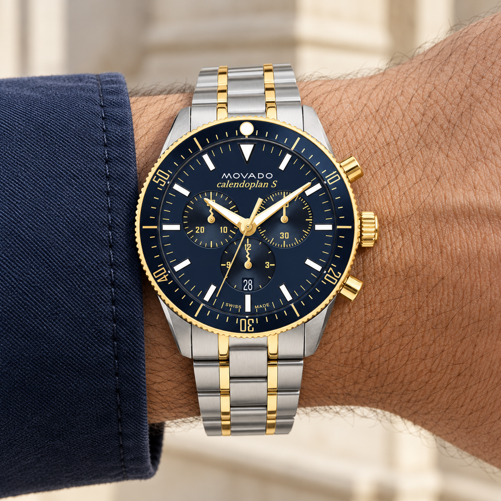 Movado Heritage Calendoplan S Chronograph 3650126 men's 42mm navy dial two-tone bracelet — wrist alternate