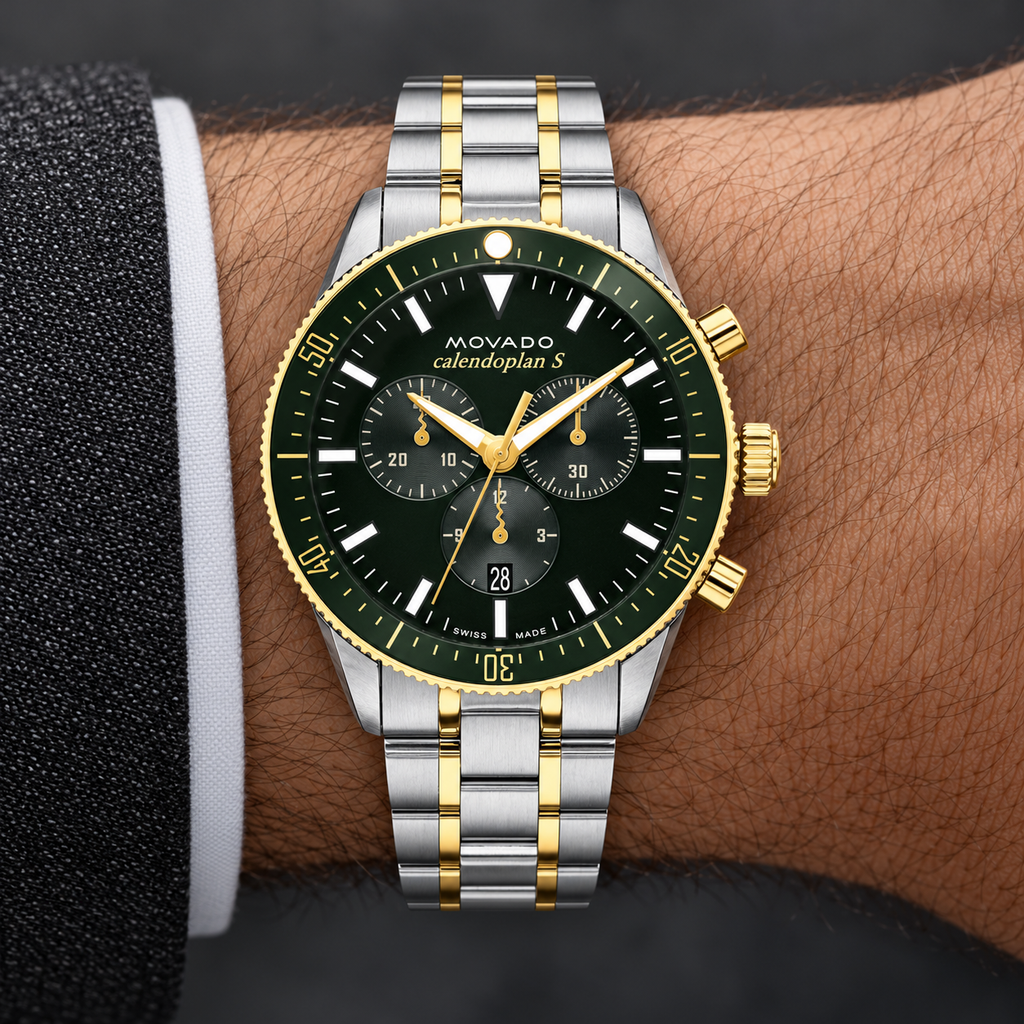 Movado Heritage Calendoplan S Chronograph 42mm Green Dial Men's Watch 3650167 — wrist