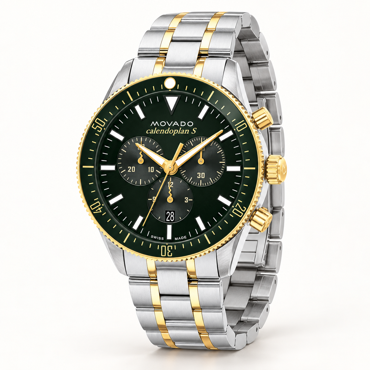 Movado Heritage Calendoplan S Chronograph 42mm Green Dial Men's Watch 3650167 — three quarter