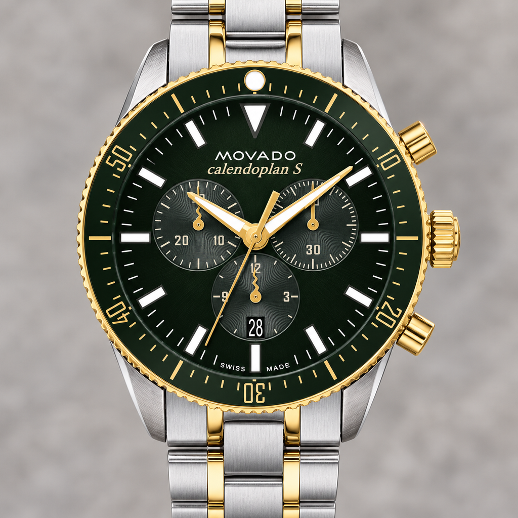 Movado Heritage Calendoplan S Chronograph 42mm Green Dial Men's Watch 3650167 — dial detail