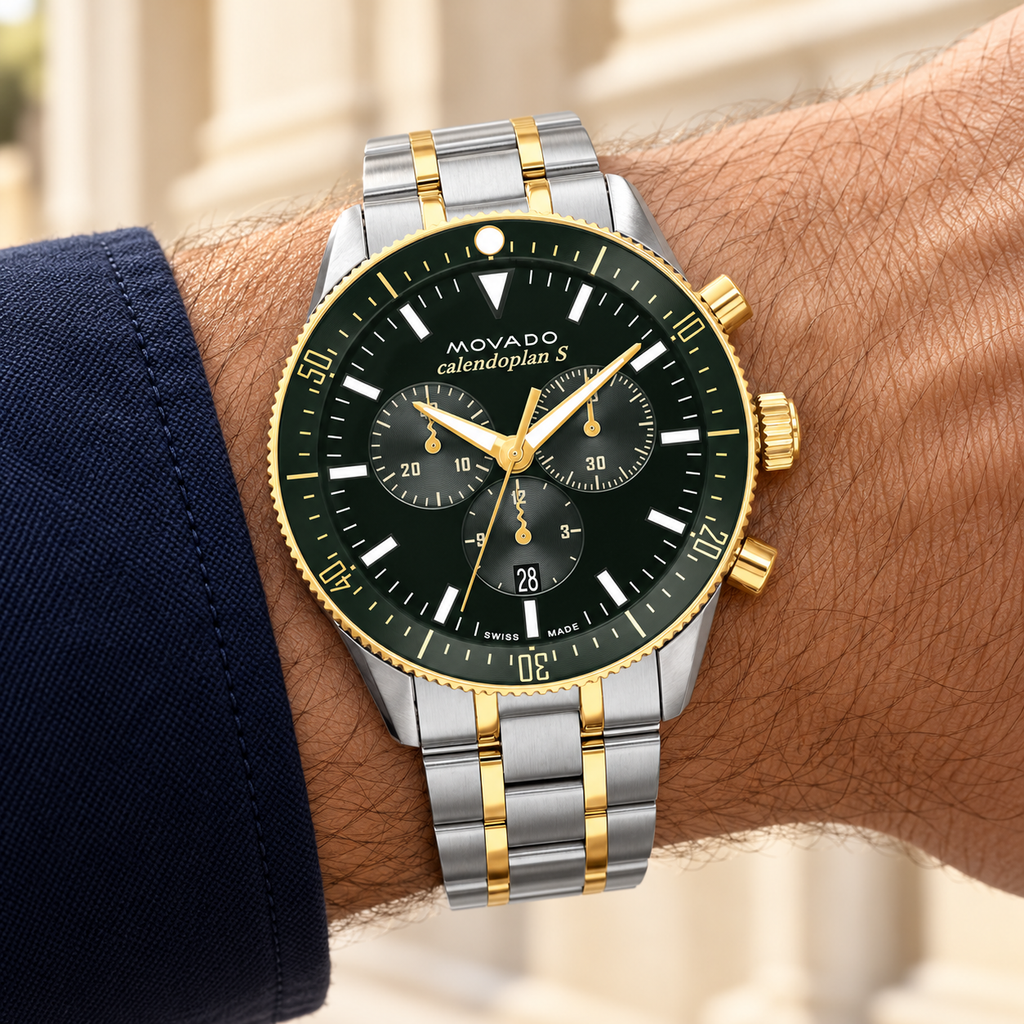 Movado Heritage Calendoplan S Chronograph 42mm Green Dial Men's Watch 3650167 — wrist alternate
