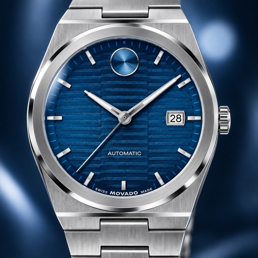 Movado BOLD Quest Automatic 3600940 blue dial macro detail