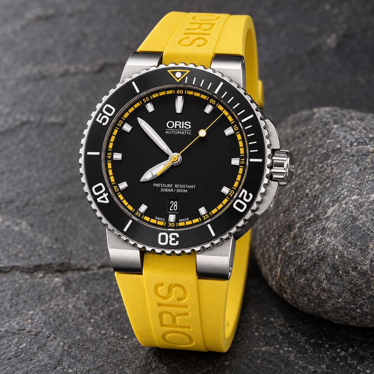 Oris Aquis Date 43mm Black Yellow Chapter Dial Yellow Rubber Automatic Men's Watch – stone still life