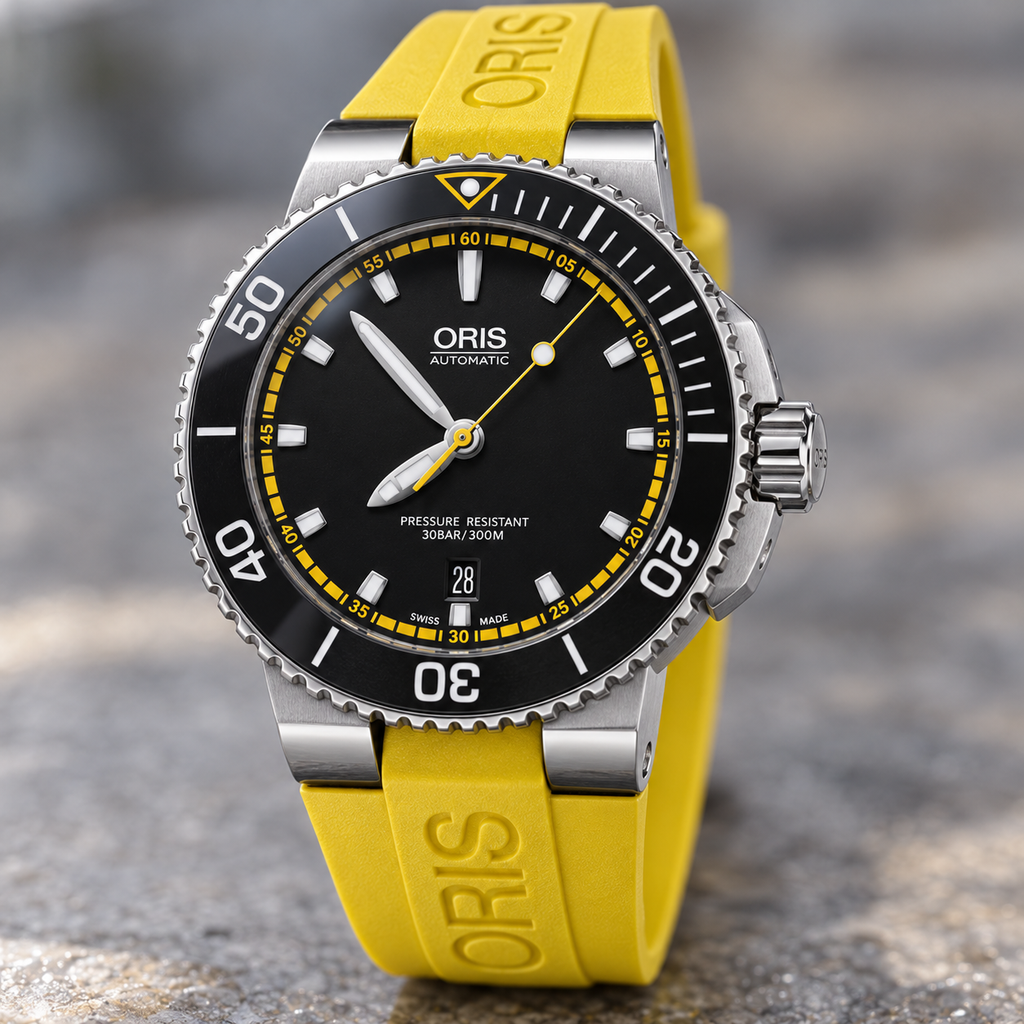 Oris Aquis Date 43mm Black Yellow Chapter Dial Yellow Rubber Automatic Men's Watch – dial macro