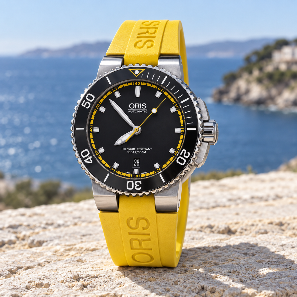 Oris Aquis Date 43mm Black Yellow Chapter Dial Yellow Rubber Automatic Men's Watch – coastal lifestyle