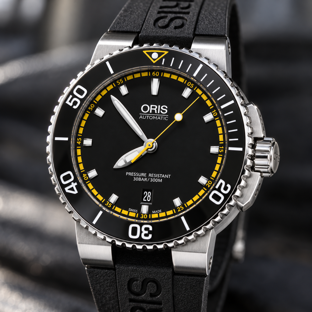 Oris Aquis Date 43mm Black Yellow Dial Black Rubber Automatic Men's Watch – dial macro
