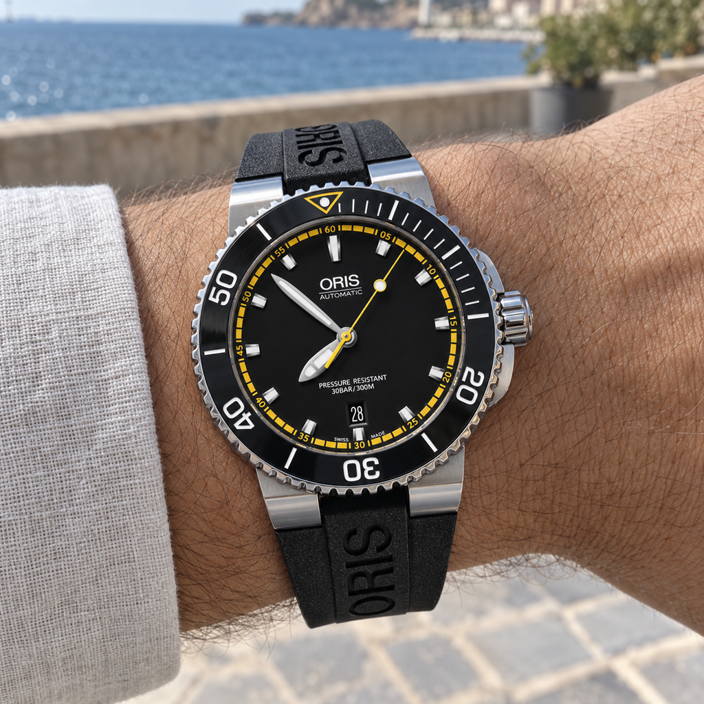 Oris Aquis Date 43mm Black Yellow Dial Black Rubber Automatic Men's Watch – wrist lifestyle