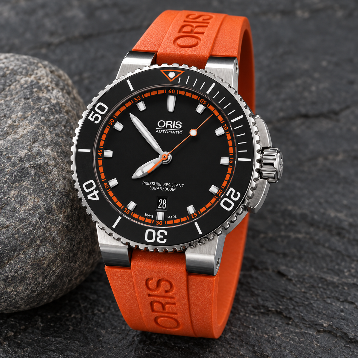 Oris Aquis Date 43mm Black Orange Chapter Dial Orange Rubber Automatic Men's Watch – stone still life
