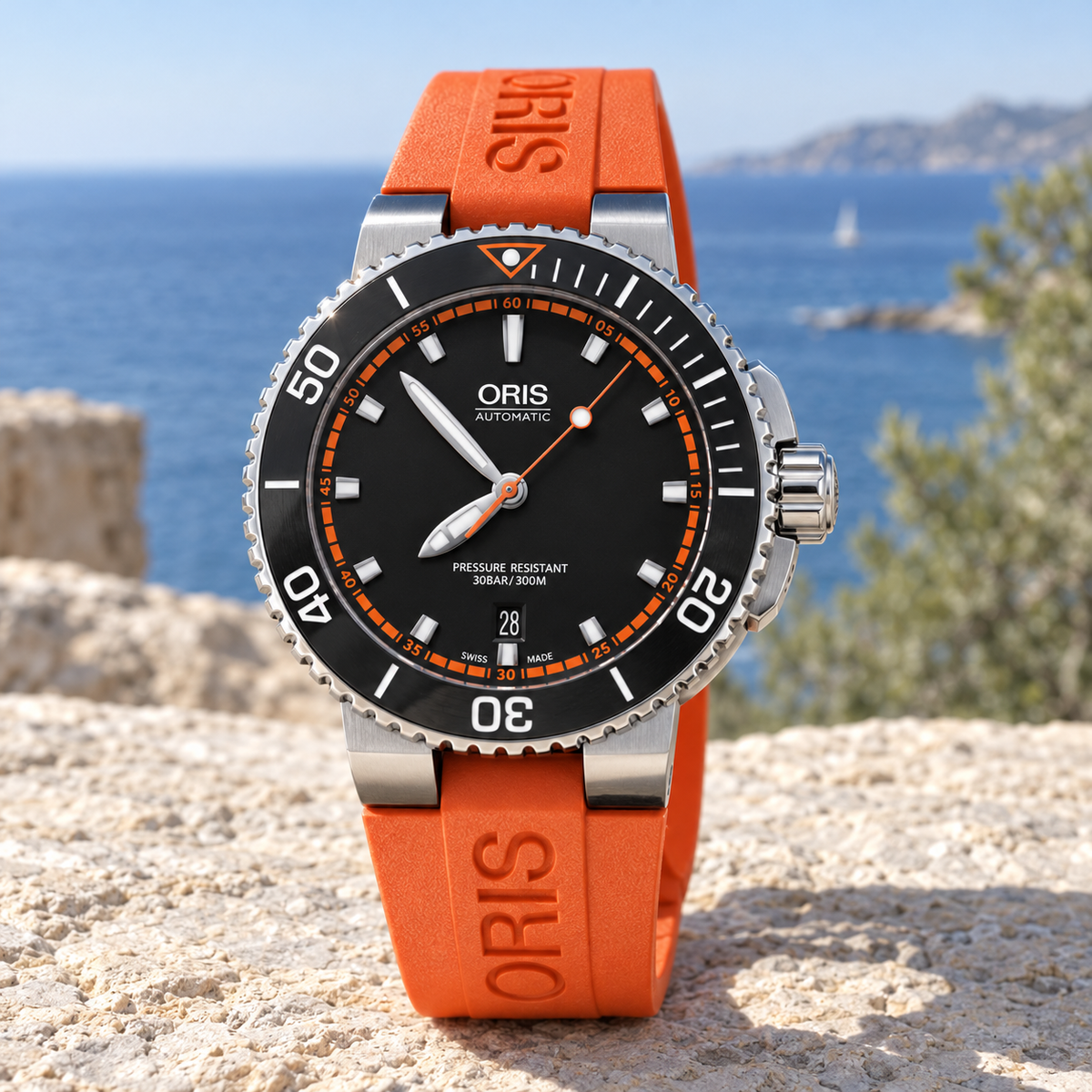 Oris Aquis Date 43mm Black Orange Chapter Dial Orange Rubber Automatic Men's Watch – coastal lifestyle