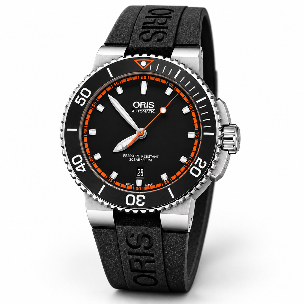 Oris Aquis Date 43mm Black Orange Chapter Dial Black Rubber Automatic Men's Watch – studio