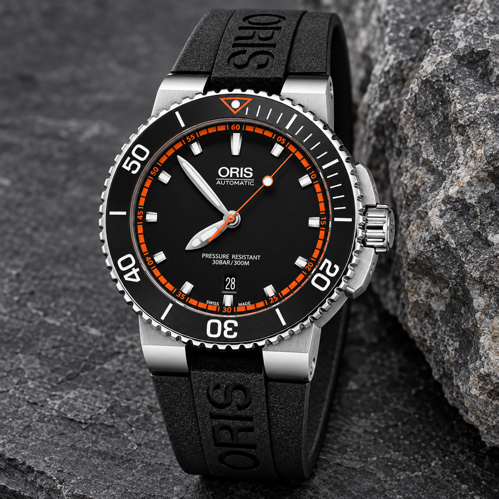 Oris Aquis Date 43mm Black Orange Chapter Dial Black Rubber Automatic Men's Watch – stone still life