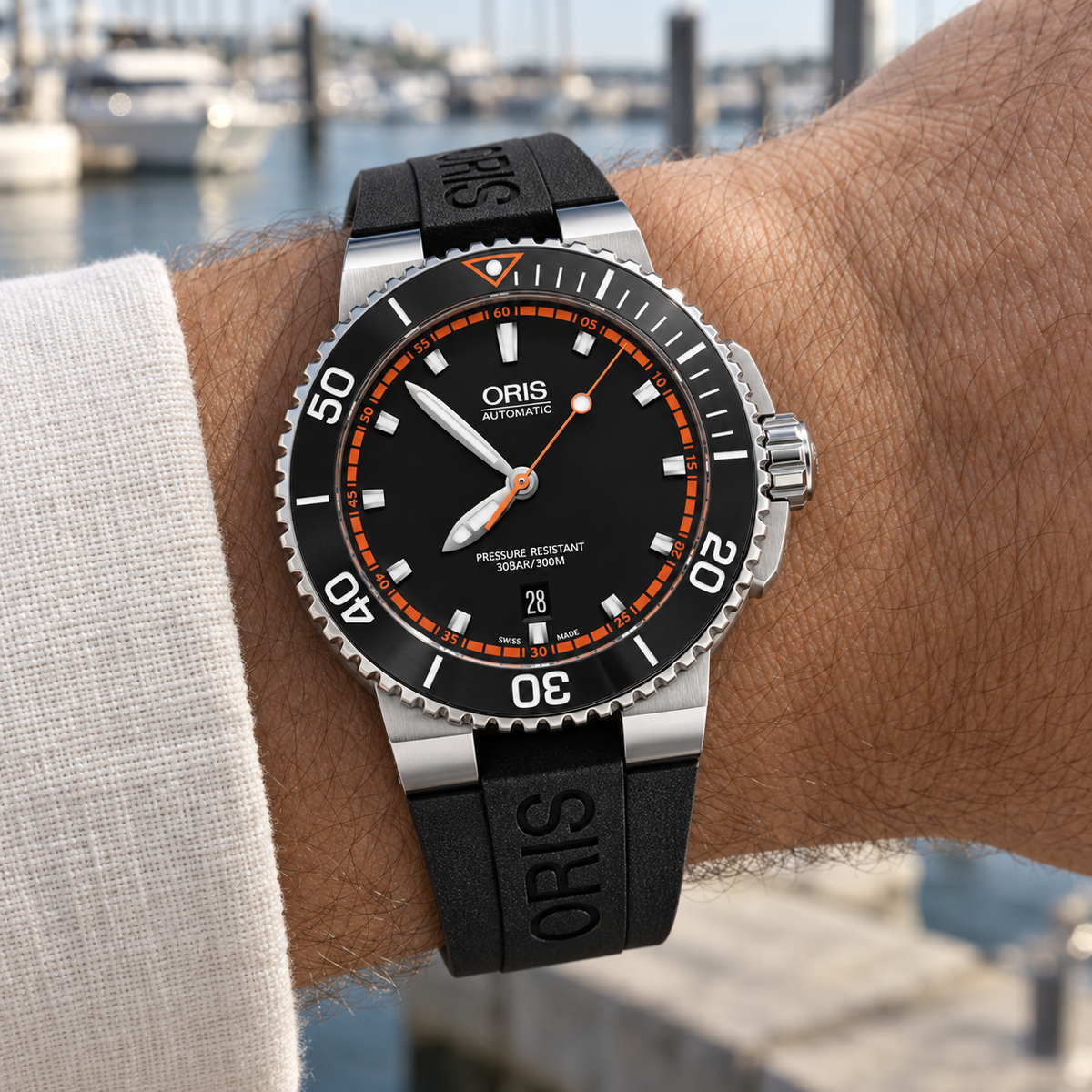 Oris Aquis Date 43mm Black Orange Chapter Dial Black Rubber Automatic Men's Watch – wrist lifestyle