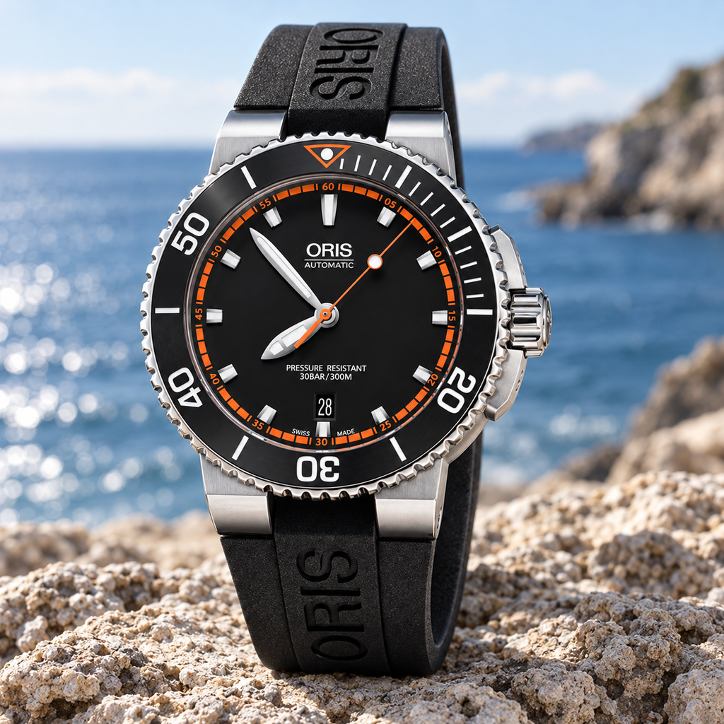 Oris Aquis Date 43mm Black Orange Chapter Dial Black Rubber Automatic Men's Watch – coastal lifestyle