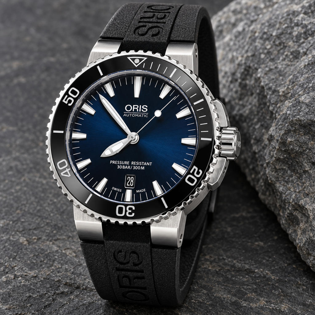Oris Aquis Date 43mm Dark Blue Dial Black Rubber Automatic Men's Watch – stone still life