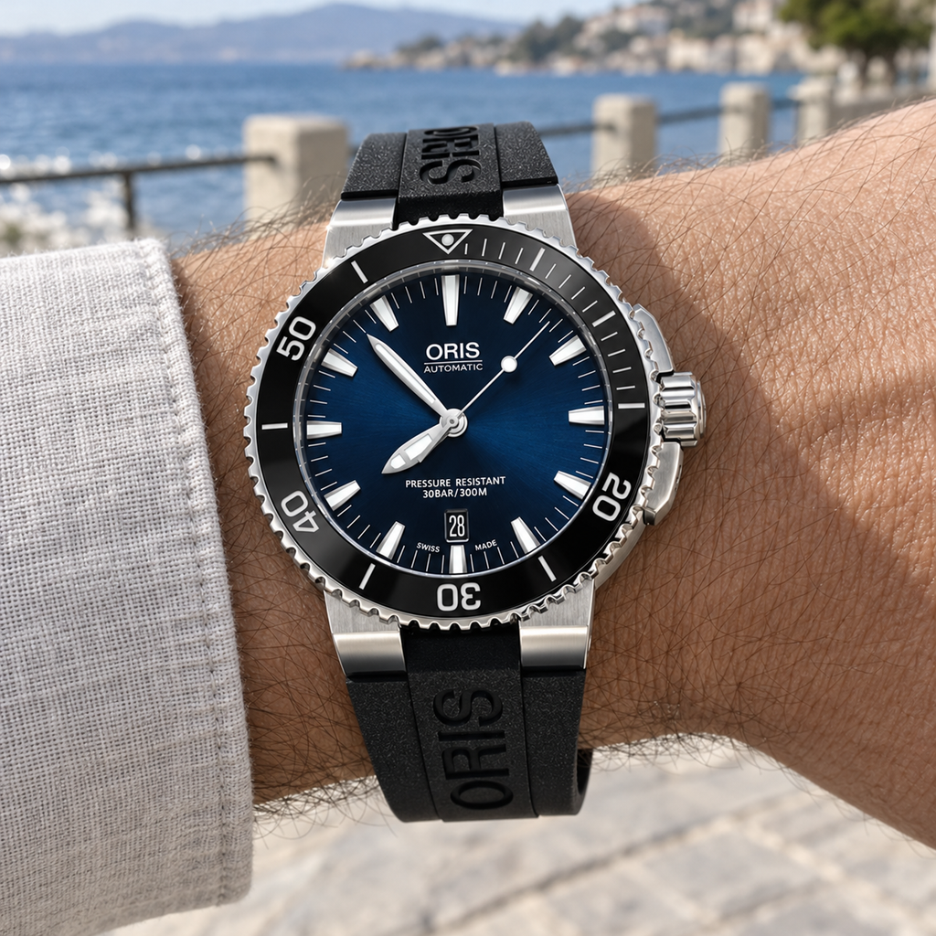 Oris Aquis Date 43mm Dark Blue Dial Black Rubber Automatic Men's Watch – wrist lifestyle