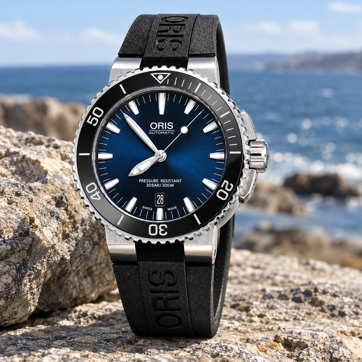 Oris Aquis Date 43mm Dark Blue Dial Black Rubber Automatic Men's Watch – coastal lifestyle