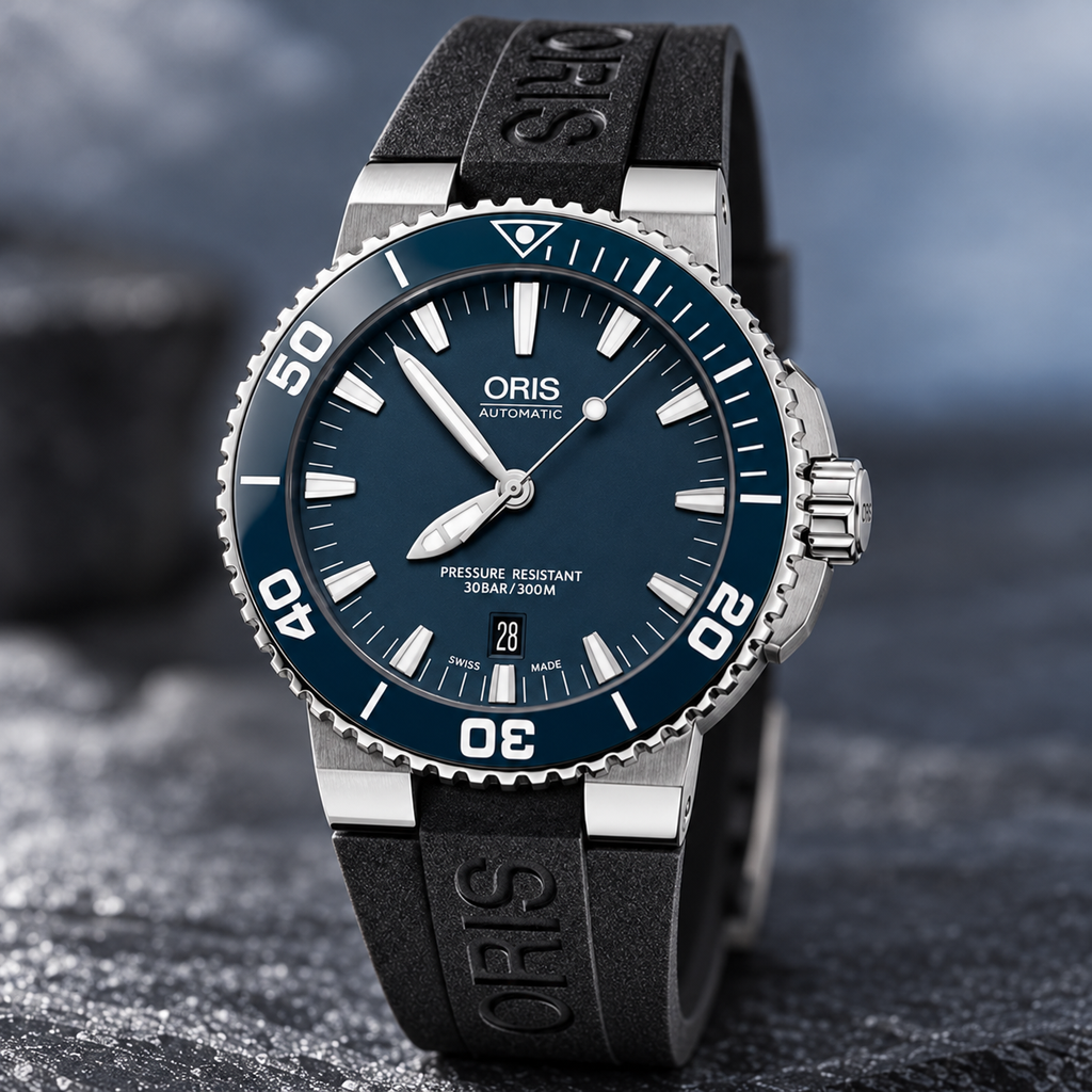 Oris Aquis Date 43mm Blue Dial Blue Ceramic Bezel Black Rubber Automatic Men's Watch – dial macro