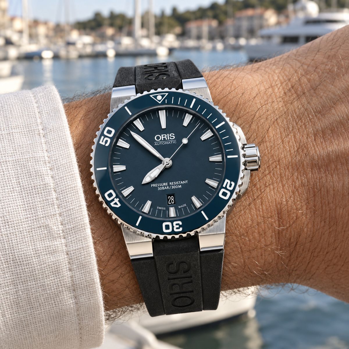 Oris Aquis Date 43mm Blue Dial Blue Ceramic Bezel Black Rubber Automatic Men's Watch – wrist lifestyle
