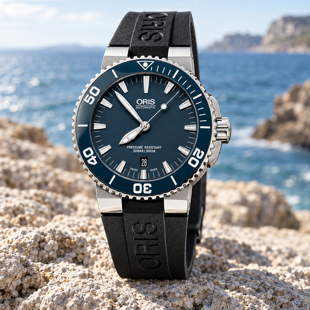 Oris Aquis Date 43mm Blue Dial Blue Ceramic Bezel Black Rubber Automatic Men's Watch – coastal lifestyle