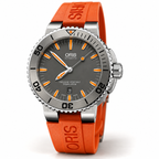 Oris Aquis Date 43mm Grey Orange Dial Tungsten Bezel Orange Rubber Automatic Men's Watch – studio