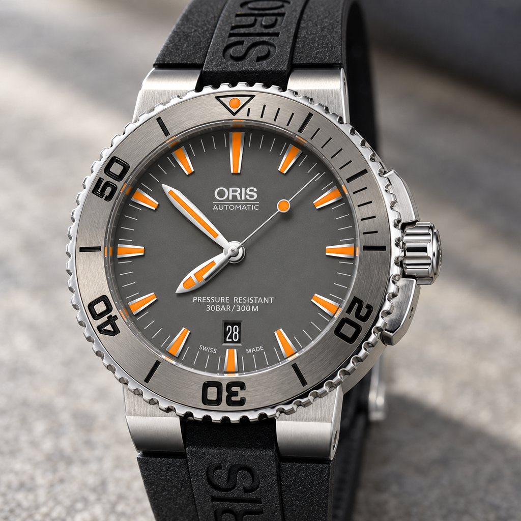 Oris Aquis Date 43mm Grey Orange Dial Tungsten Bezel Black Rubber Automatic Men's Watch – dial macro