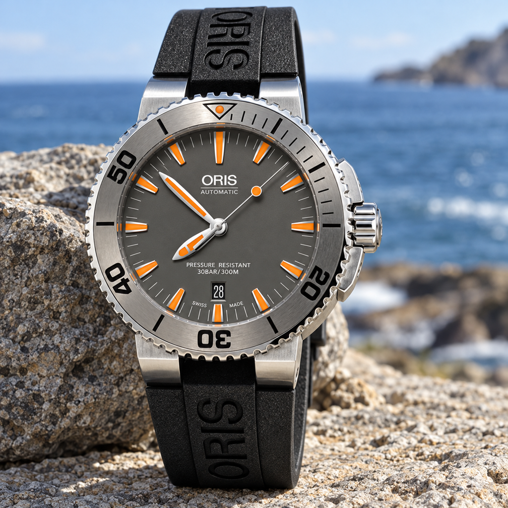 Oris Aquis Date 43mm Grey Orange Dial Tungsten Bezel Black Rubber Automatic Men's Watch – coastal lifestyle